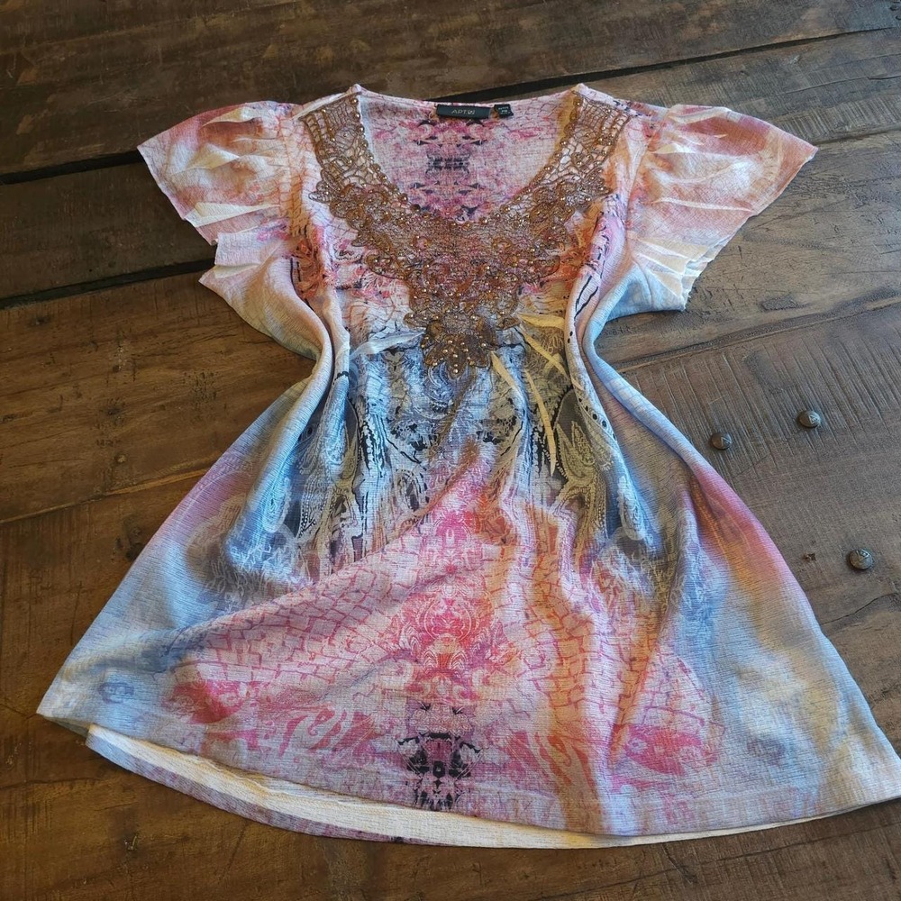 Y2k Cybersigilism Early 2000s Tie dye Lace Patterned Blouse Top T-shirt Shirt